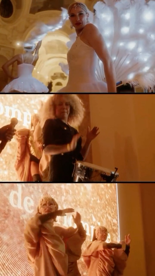 Danseuse en costume blanc devant un mur de LED lors de la soirée des 40 ans d’Arc de Triomphe Autos au Petit Palais