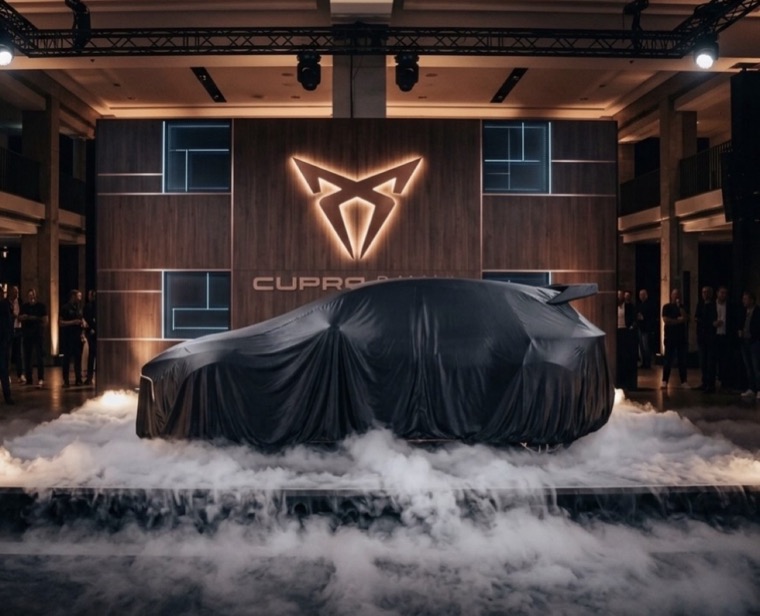 Véhicule CUPRA sous bâche sur un podium entouré de fumée lourde, devant le logo lumineux de la marque